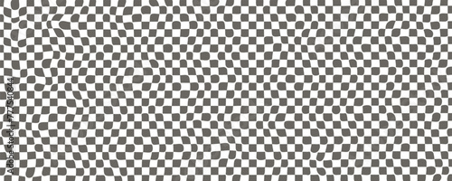 Trippy checkerboard background. Retro psychedelic checkered wallpaper. Wavy groovy chessboard surface. Distorted geometric pattern. Abstract monochrome vector backdrop