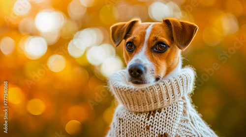 Dog breed Jack Russell Terrier in warm sweater stand against the backdrop of trees in autumn garden.