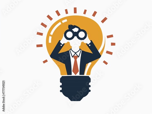Icon of a businessman with binoculars inside a lightbulb, gazing into the horizon, minimalist style.