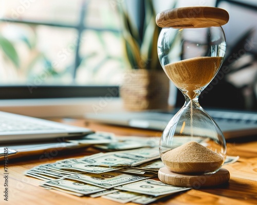 Hourglass on a businessman s desk, sand falling into a pile of money, hinting at the patience required for financial success.