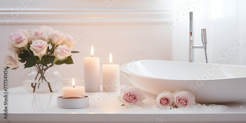 pink rose and bath, A bath tub with candles and flowers on it 