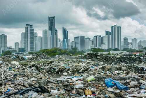 Contrast of urban skyline and mounting garbage landfill