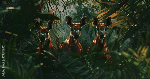 3 okapi in the jungle, somewhat hidden behind the leaves. red/brown fur, landscape, cinematic © Frin