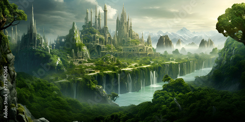 A city is a waterfall that is surrounded by mountains and trees 