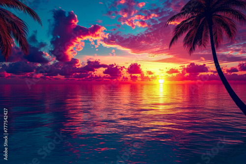 Vibrant sunset over body of water with clouds above and below the horizon line.