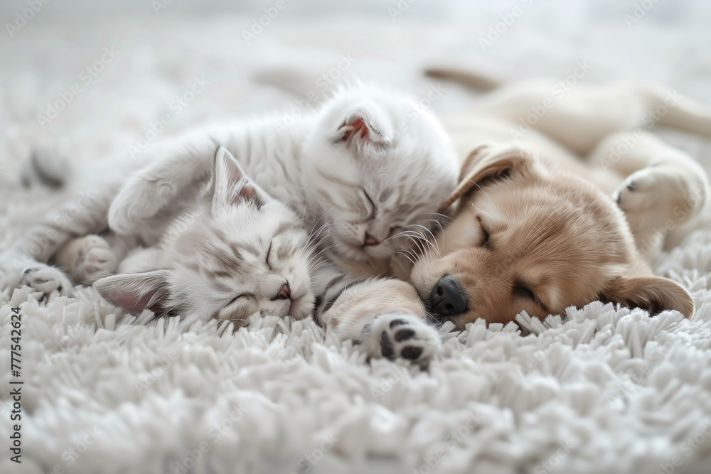 Fototapeta premium Adorable Kitten and Puppy Cuddling Together on White Carpet at Home