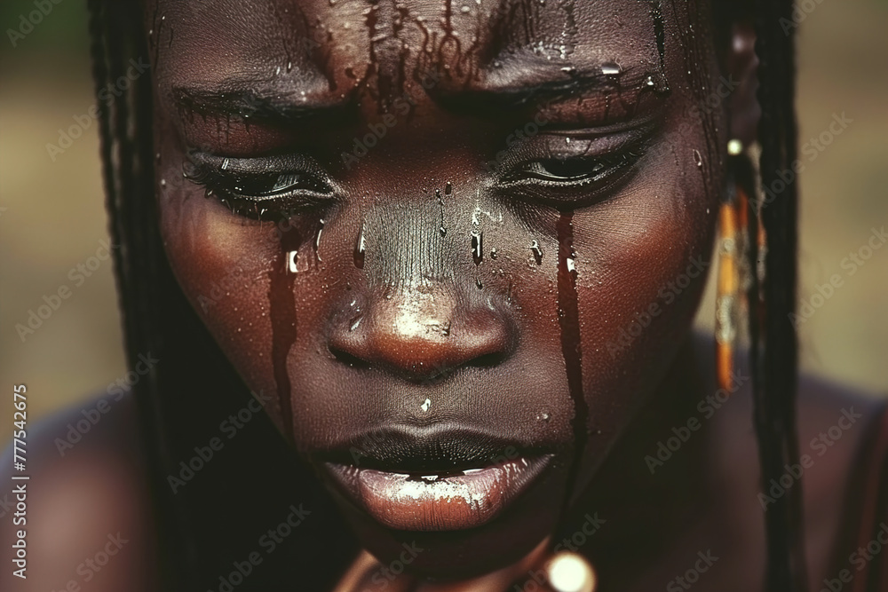 A close-up of a person's tear-streaked face, conveying profound sadness and grief, with watery eyes and a quivering lip.