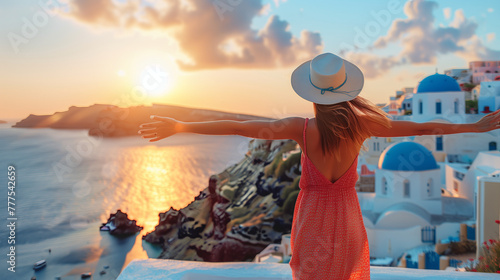 Woman feeling free with open arms on vacation on an island in Greece, Mediterranean at sunset. Europe travel summer vacation.