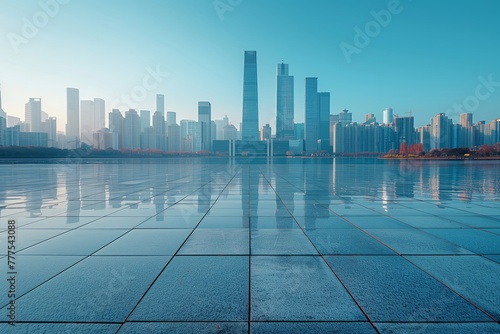 An empty azuretiled floor with a stunning city skyline featuring skyscrapers, tower blocks, and condominiums. The backdrop is a picturesque view of the world with fluffy clouds in the sky