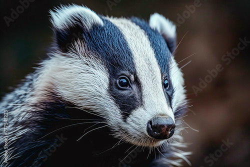 Close up of badger's face with its beady eyes focused on something.