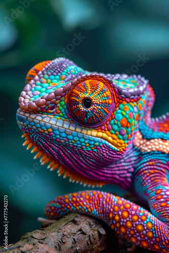 Colorful lizard with vibrant blue red and green pattern on its body. © valentyn640