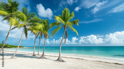 Tropical Paradise Getaway, Palm Trees Swaying on White Sandy Beach Against Turquoise Waters © Mars0hod