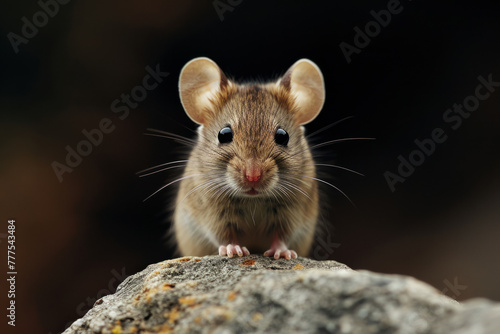 Small mouse with black eyes sits on rock.