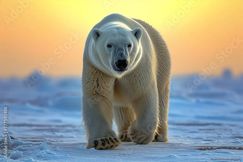 Polar bear stands on snow and ice with its mouth open.