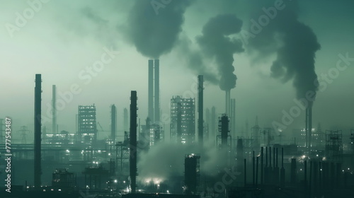 Environmental pollution, Steel Structures and Smokestacks Against City Skyline. Urban Industrial Landscape