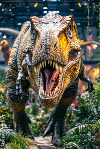 Close up of dinosaur with open mouth and large fangs.