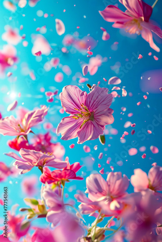 Blue background with pink and white flowers that are in motion creating blurry effect.