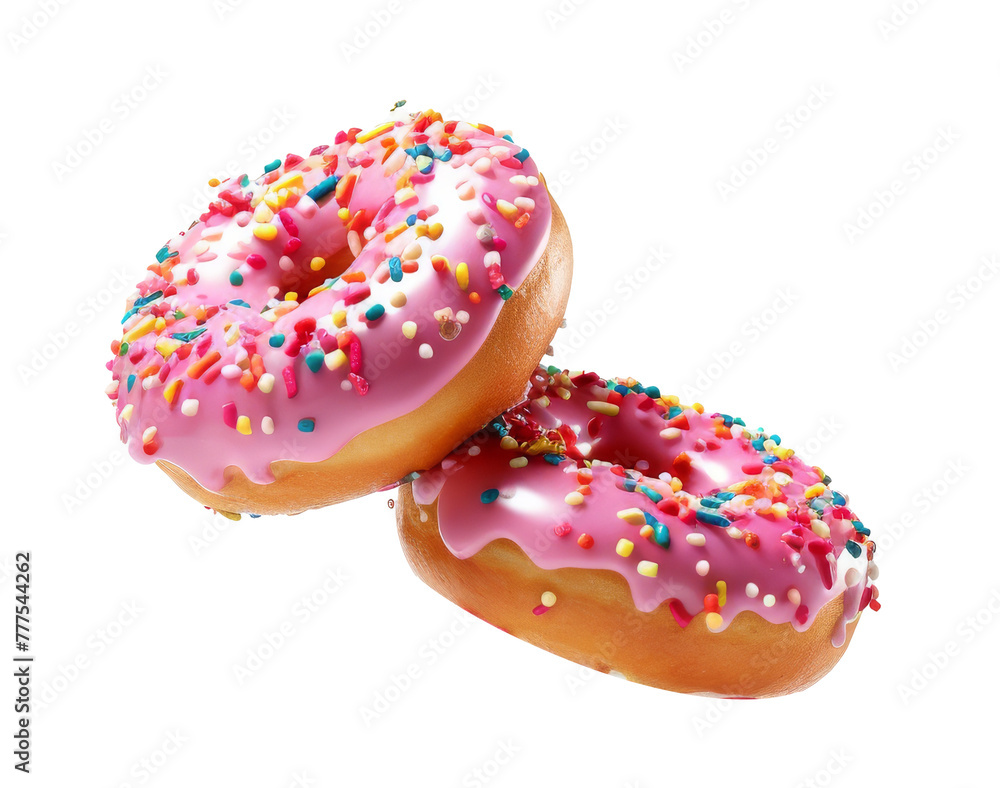 donut with sprinkles flying over isolated on transparent background cutout, PNG file.