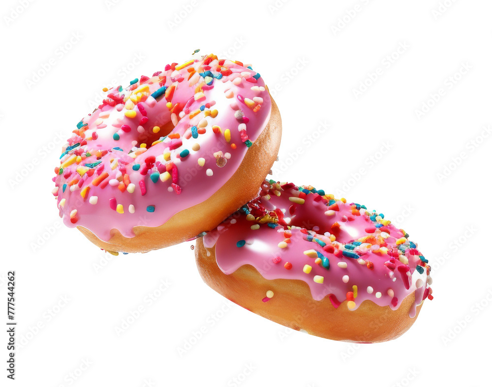 donut with sprinkles flying over isolated on transparent background cutout, PNG file. donut with sprinkles flying over isolated on transparent background cutout, PNG file.
