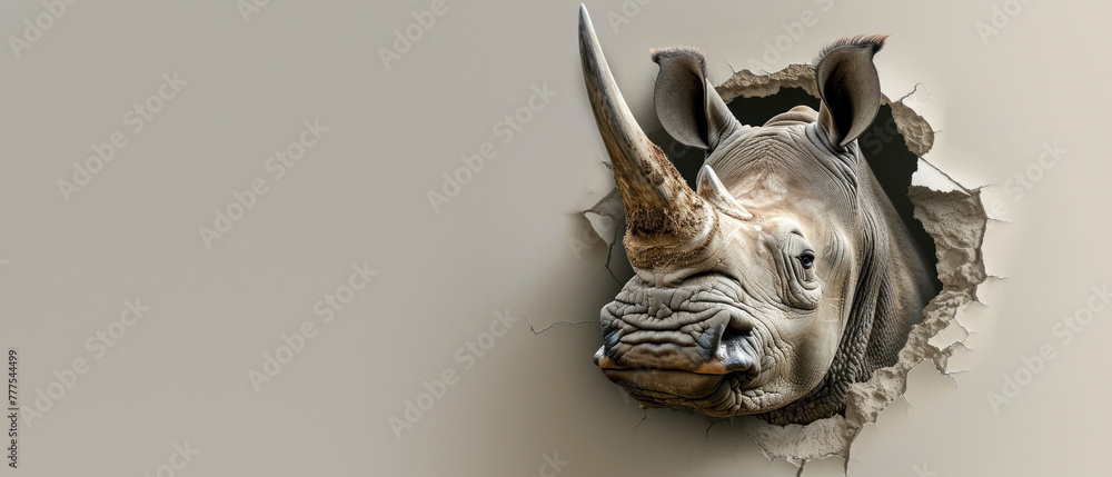 Naklejka premium A creative display of an inverted rhino emerging through a wall, demonstrating an unexpected perspective