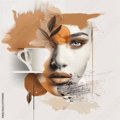 Abstract portrait of a beautiful woman with coffee cup and leafs on grunge background