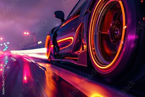 A hyper-realistic, animated GIF-style close-up of a car racing wheel. Dark spots dance across the rim as it spins at high velocity. Cyberpunk city lights and a gritty atmosphere blur in the background