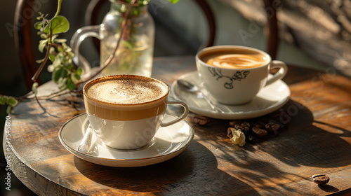 Cappuccino and Espresso Coffee in Morning Light