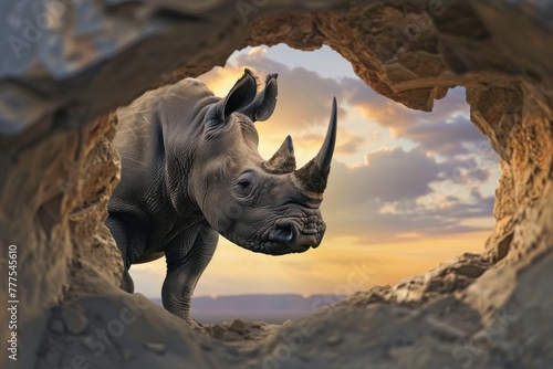 Dynamic view of a rhino coming through a rock arch, symbolizing emergence and the beauty of wildlife in their natural setting © Fxquadro