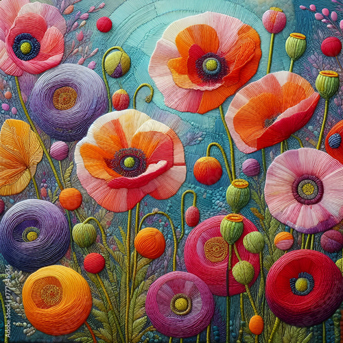 The Bohemian poppy garden, is free motion machine embroidered using layers of hand dyed silk.