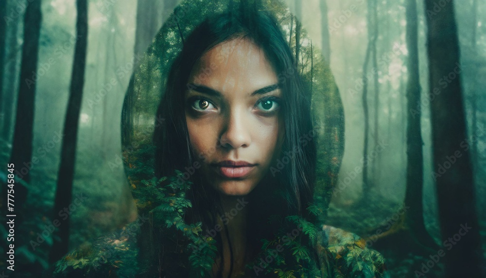 portrait of a green eyes woman in the forest portrait of a green eyes woman in the forest