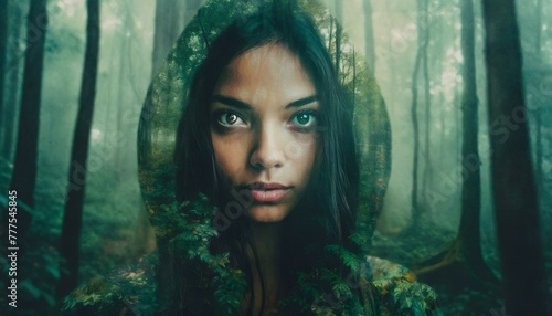 portrait of a green eyes woman in the forest