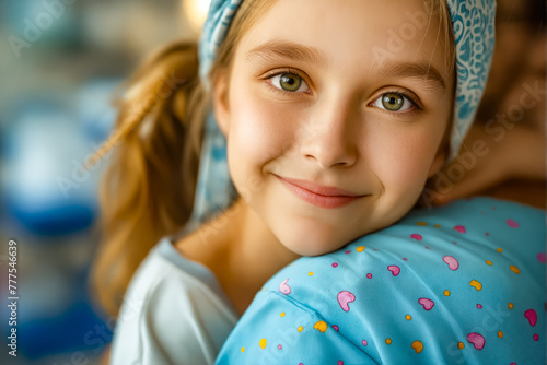 A young girl is hugging her mother in a hospital.