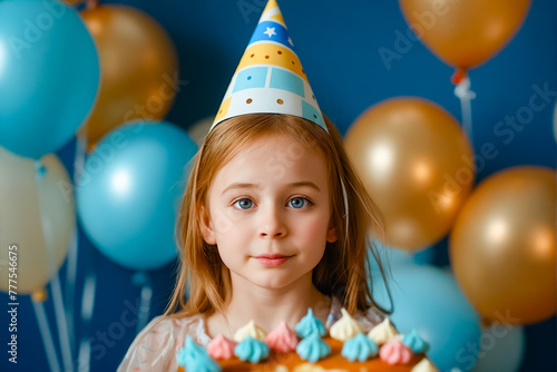 A little girl wearing a birthday hat in front of a cake.