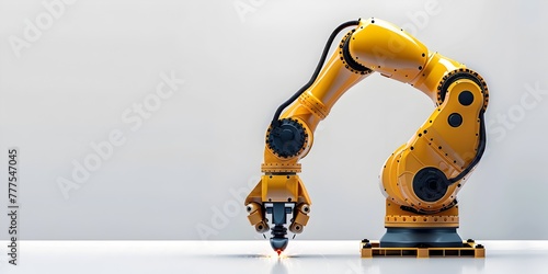 A yellow robotic arm character is shown welding or fabricating an object in a factory setting The arm is a key part of an automated