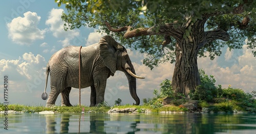 3D realistic style  large elephant standing by a tree with a thin rope tied around its legs