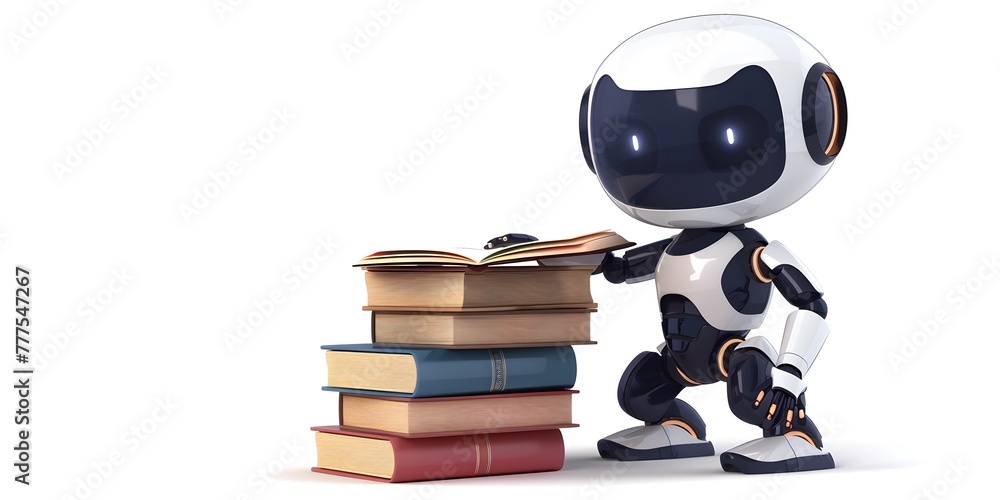 Intelligent Librarian Robot Recommending Books and Literary Information on a White Background Intelligent Librarian Robot Recommending Books and Literary Information on a White Background