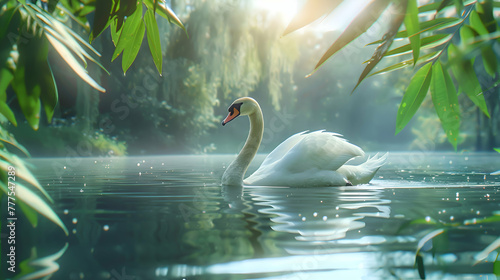 Majestic swan gliding gracefully on a serene lake, framed by lush greenery, with tranquil copy space surrounding its elegant form