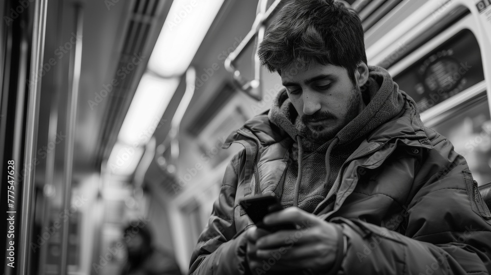 sitting on the subway looking at his phone, generative ai sitting on the subway looking at his phone, generative ai