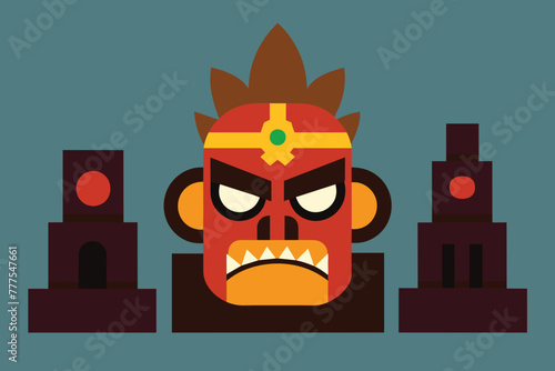 Vector design of Angry face mask icon cartoon vector. Aztec altar. Statue ancient