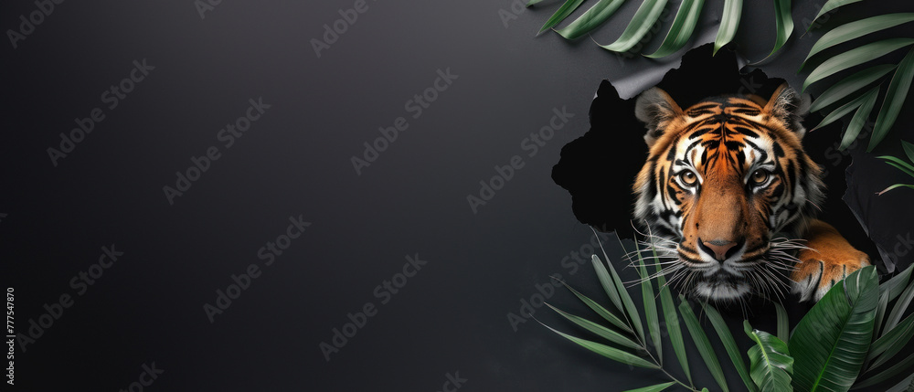A majestic tiger appears to beemerging from a tear in the paper, surrounded by green foliage, adding depth A majestic tiger appears to beemerging from a tear in the paper, surrounded by green foliage, adding depth