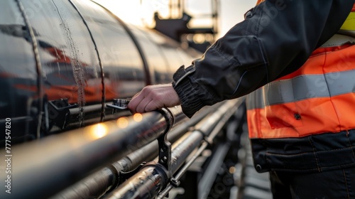 Rail worker securing equipment at the train station during sunset