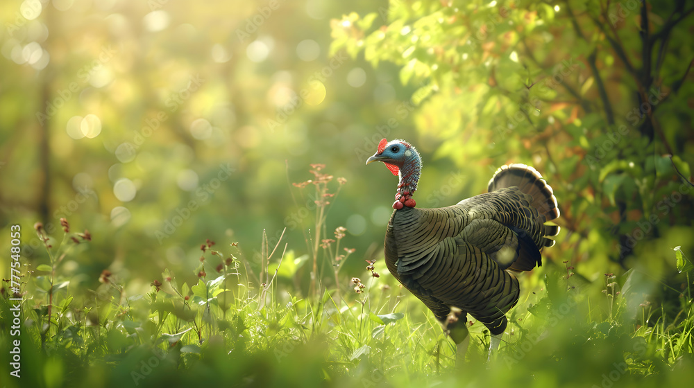 Fototapeta premium Majestic turkey strutting through a sun-kissed meadow, framed by lush greenery, with copy space and blurred background