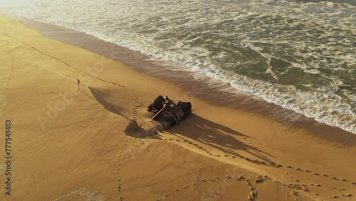 ship aground on the beach, La Pedrera, rocha, uruguay, playa del barco. Drone video photo