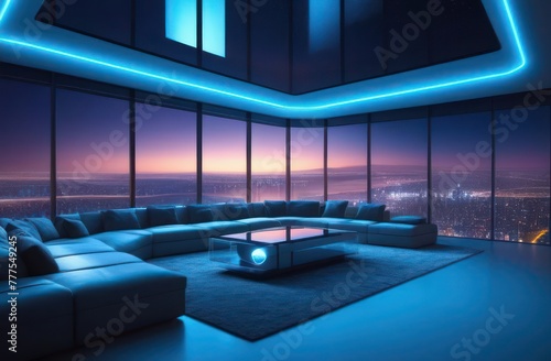 A futuristic living room with a reflective ceiling, high metal windows, future cityscape at night in the distance © Kateryna
