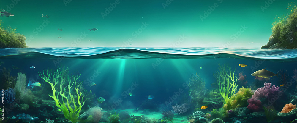 Blue sky meets serene sea with scattered clouds over a tropical island, embodying the beauty of nature's aquatic landscapes, background, banner