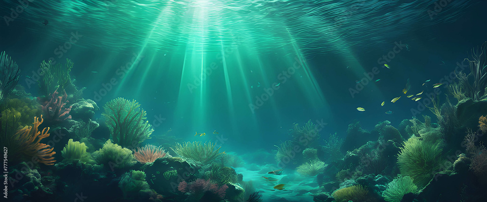 Blue sky meets serene sea with scattered clouds over a tropical island, embodying the beauty of nature's aquatic landscapes, background, banner Blue sky meets serene sea with scattered clouds over a tropical island, embodying the beauty of nature's aquatic landscapes, background, banner