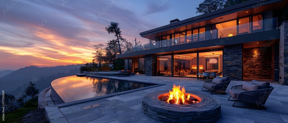 Contemporary grey outdoor furniture surrounding fire pit on home terrace at sunset. Concept Outdoor Furniture, Terrace, Fire Pit, Sunset, Contemporary Design