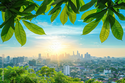 An urban skyline overshadowed by lush greenery, contrast between nature and city life in a bustling metropolis. photo