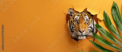 A compelling image of a tiger gazing through torn orange paper with green leaves enhancing the captivating visual