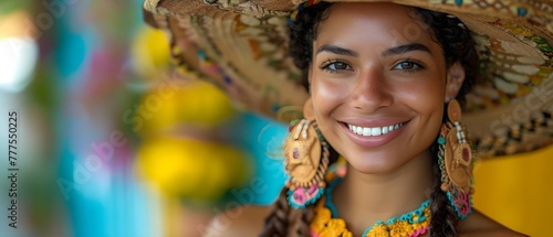 Nicaraguan traditional dancer in Central American attire smiling at sunset. Concept Central American Culture, Traditional Clothing, Dance Photography, Sunset Portrait, Cultural Heritage photo
